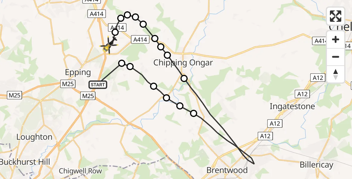 Flight path map showing Police Helicopter route from Coopersale Street to North Weald Airfield