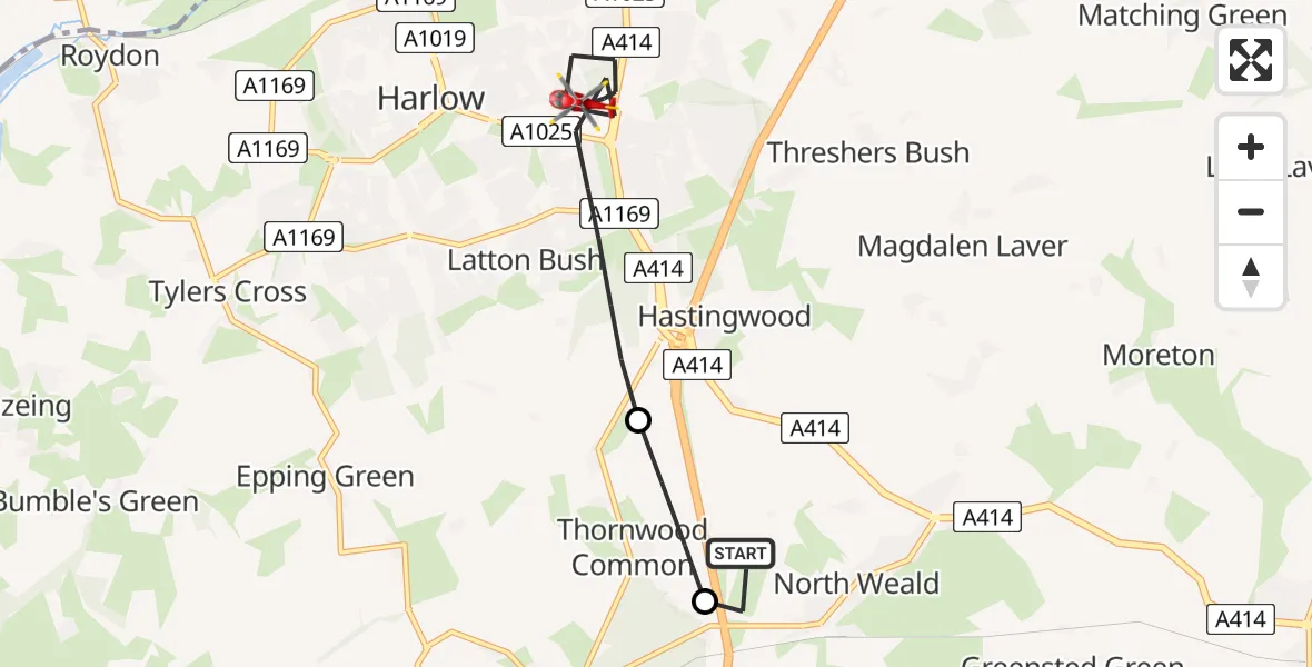 Flight path map showing Air Ambulance Helicopter route from North Weald Airfield to Harlow