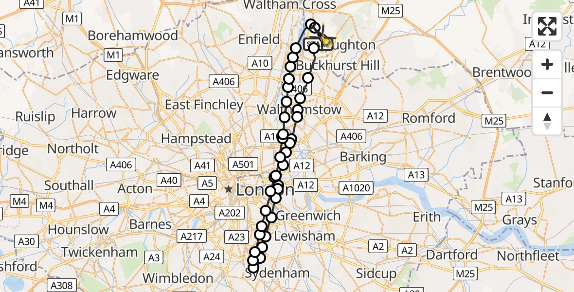 Flight path map showing Police Helicopter route from Sewardstonebury to Sewardstonebury