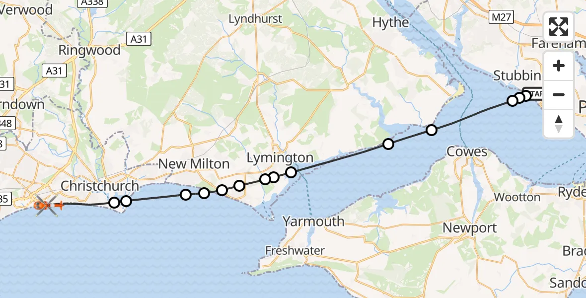 Flight path map showing Coastguard Helicopter route from Solent Airport to Bournemouth