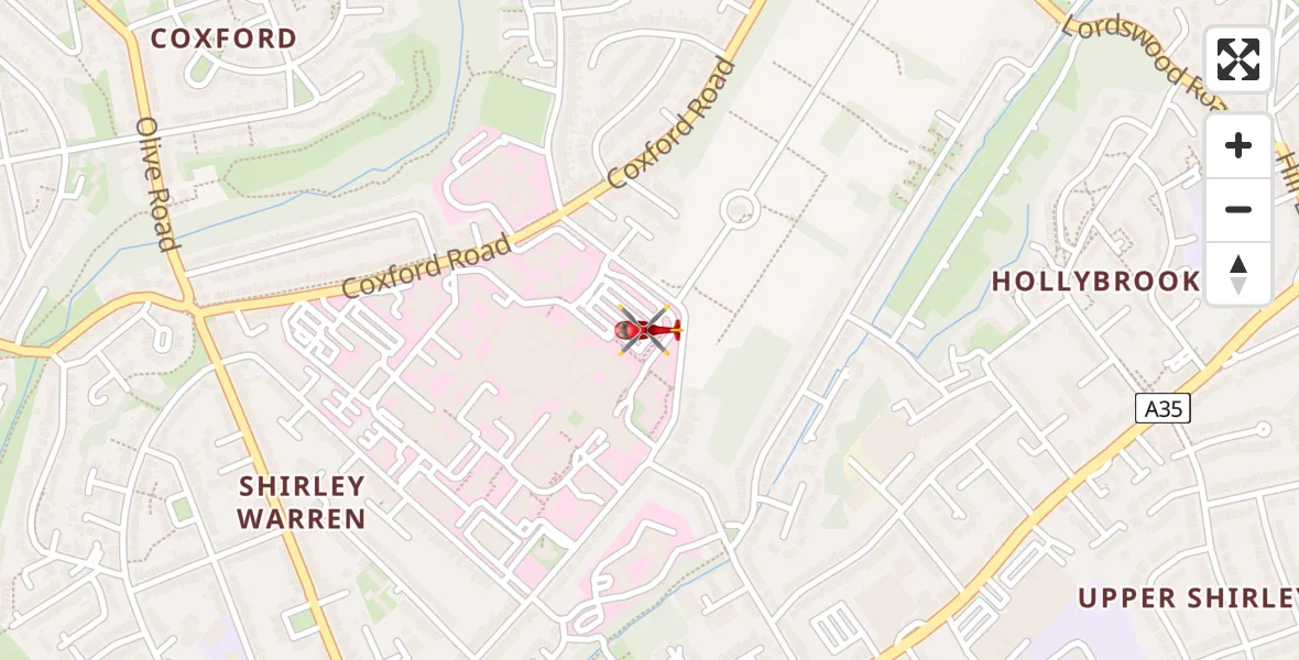 Flight path map showing Air Ambulance Helicopter route from University Hospital Southampton to University Hospital Southampton