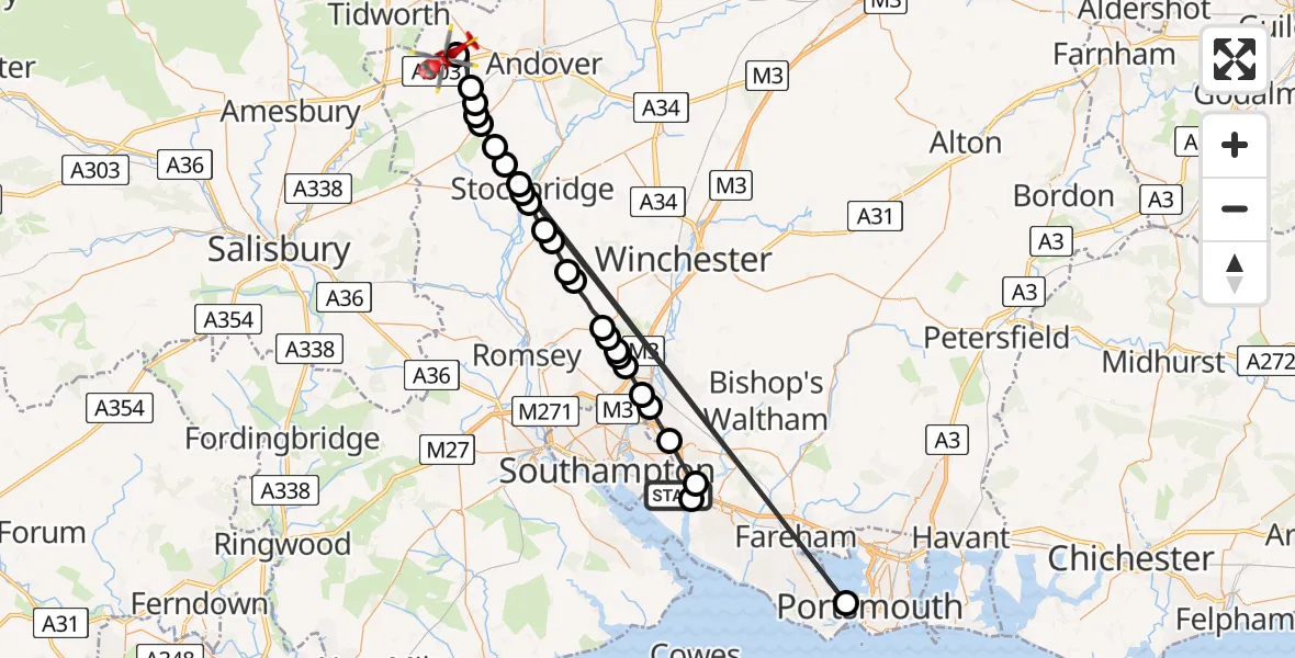 Flight path map showing Air Ambulance Helicopter route from Eastleigh to Thruxton Aerodrome