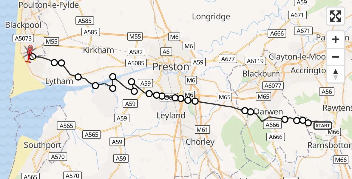 Flight path map showing Air Ambulance Helicopter route from Helmshore to Blackpool Airport