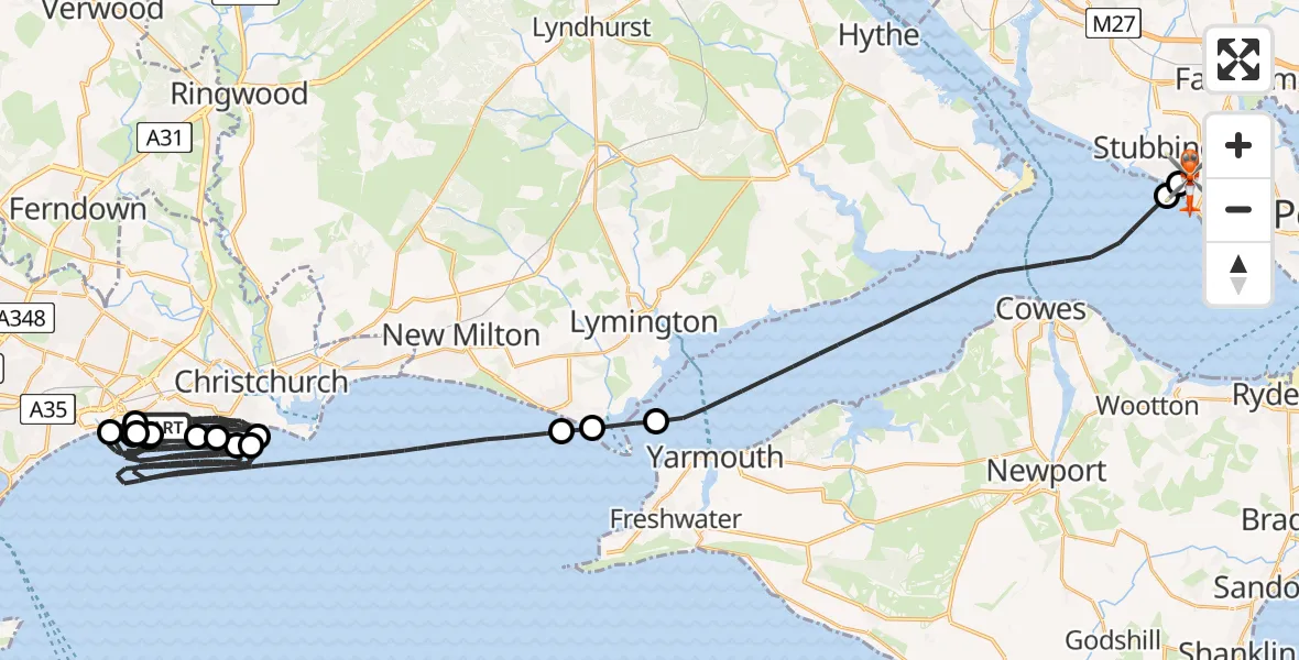 Flight path map showing Coastguard Helicopter route from Bournemouth to Solent Airport