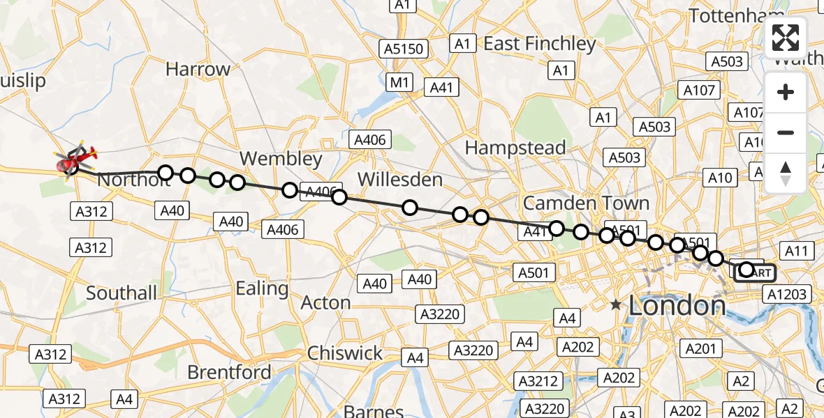 Flight path map showing Air Ambulance Helicopter route from Royal London Hospital to Hillingdon