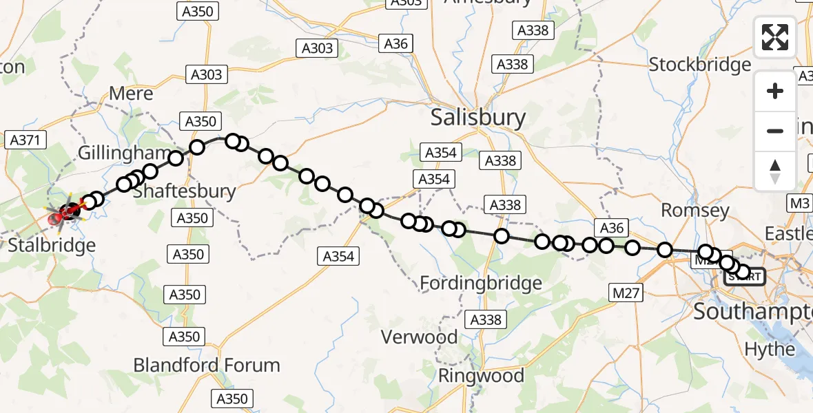 Flight path map showing Air Ambulance Helicopter route from University Hospital Southampton to Henstridge Airfield