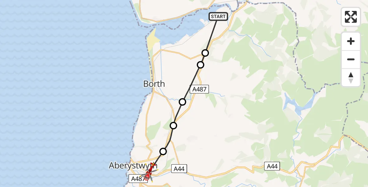 Flight path map showing Air Ambulance Helicopter route from Ffwrnais / Furnace to Comins-coch
