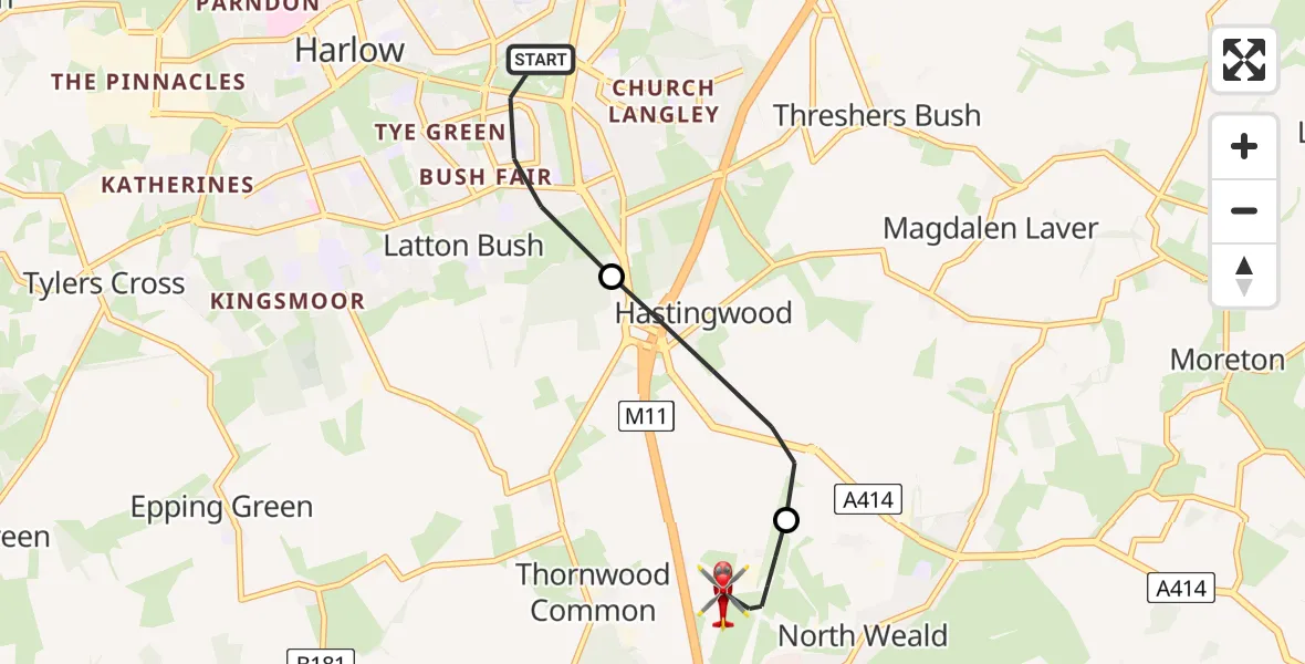 Flight path map showing Air Ambulance Helicopter route from Harlow to North Weald Airfield