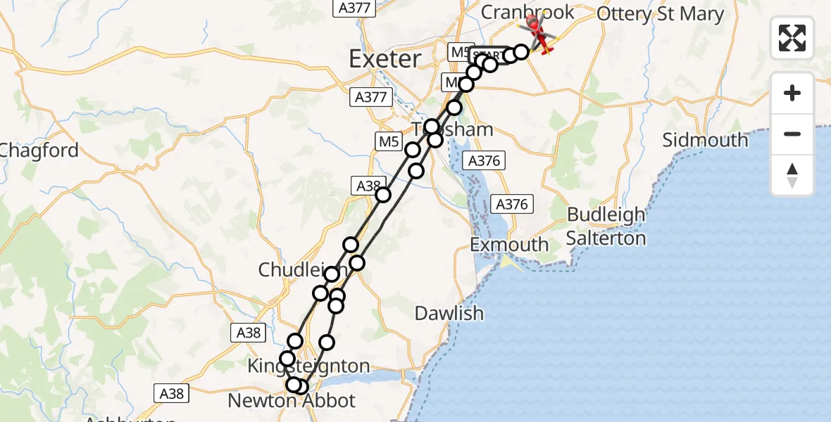 Flight path map showing Air Ambulance Helicopter route from Exeter International Airport to Rockbeare