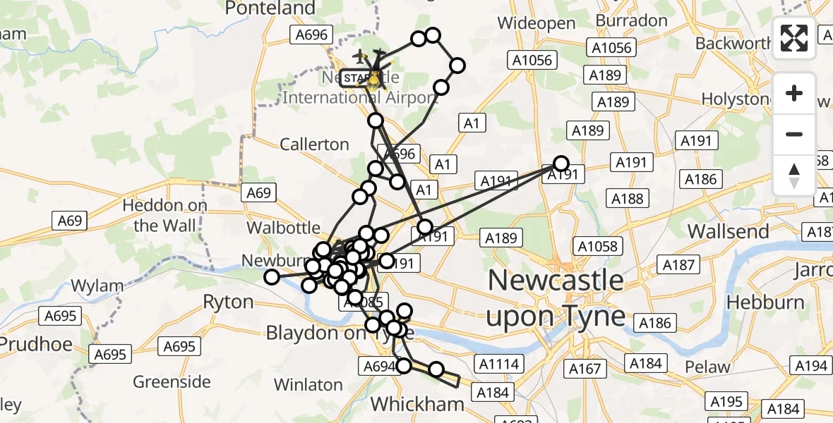 Flight path map showing Police Helicopter route from Newcastle International Airport to Newcastle International Airport