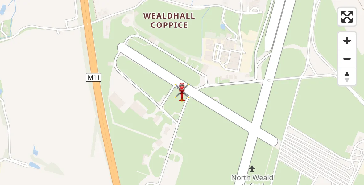 Flight path map showing Air Ambulance Helicopter route from North Weald Airfield to North Weald Airfield