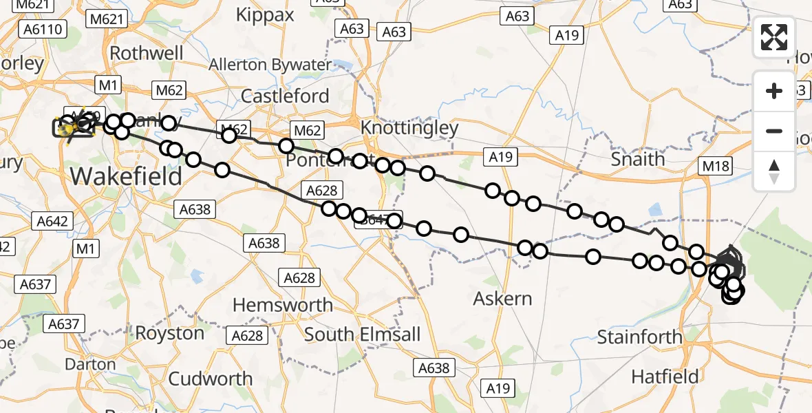 Flight path map showing Police Helicopter route from East Ardsley to East Ardsley