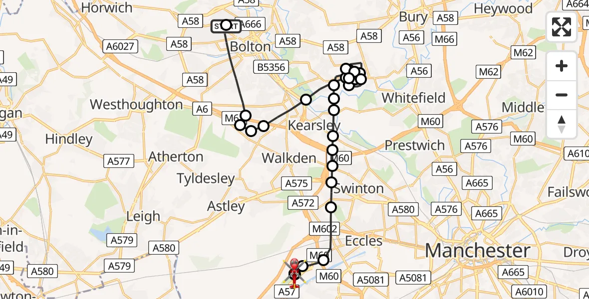 Flight path map showing Air Ambulance Helicopter route from Bolton to Manchester Barton Aerodrome