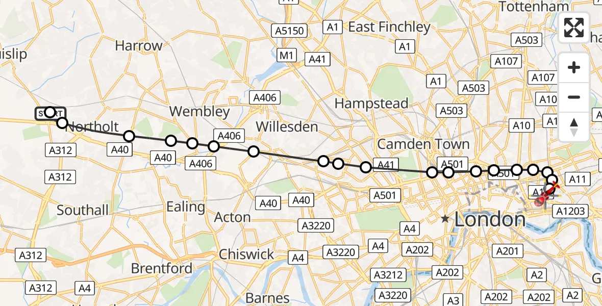 Flight path map showing Air Ambulance Helicopter route from Hillingdon to Royal London Hospital
