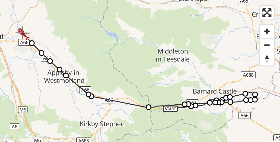 Flight path map showing Air Ambulance Helicopter route from Bowes to Brougham