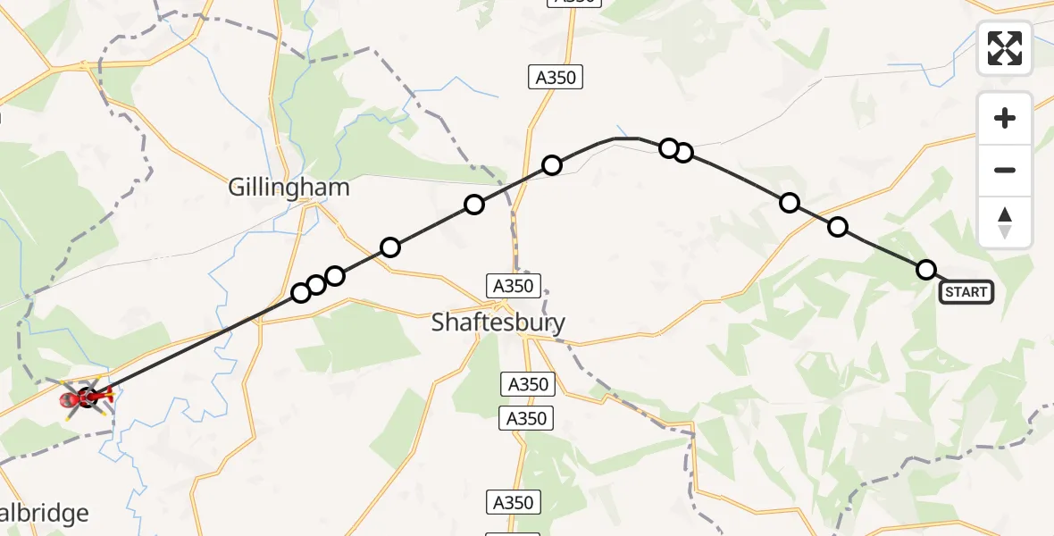 Flight path map showing Air Ambulance Helicopter route from Ebbesbourne Wake to Henstridge Airfield