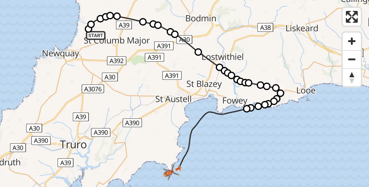 Flight path map showing Coastguard Helicopter route from Cornwall Airport Newquay to English Channel