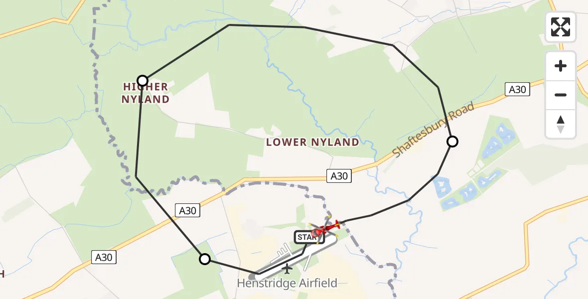 Flight path map showing Air Ambulance Helicopter route from Henstridge Airfield to Henstridge