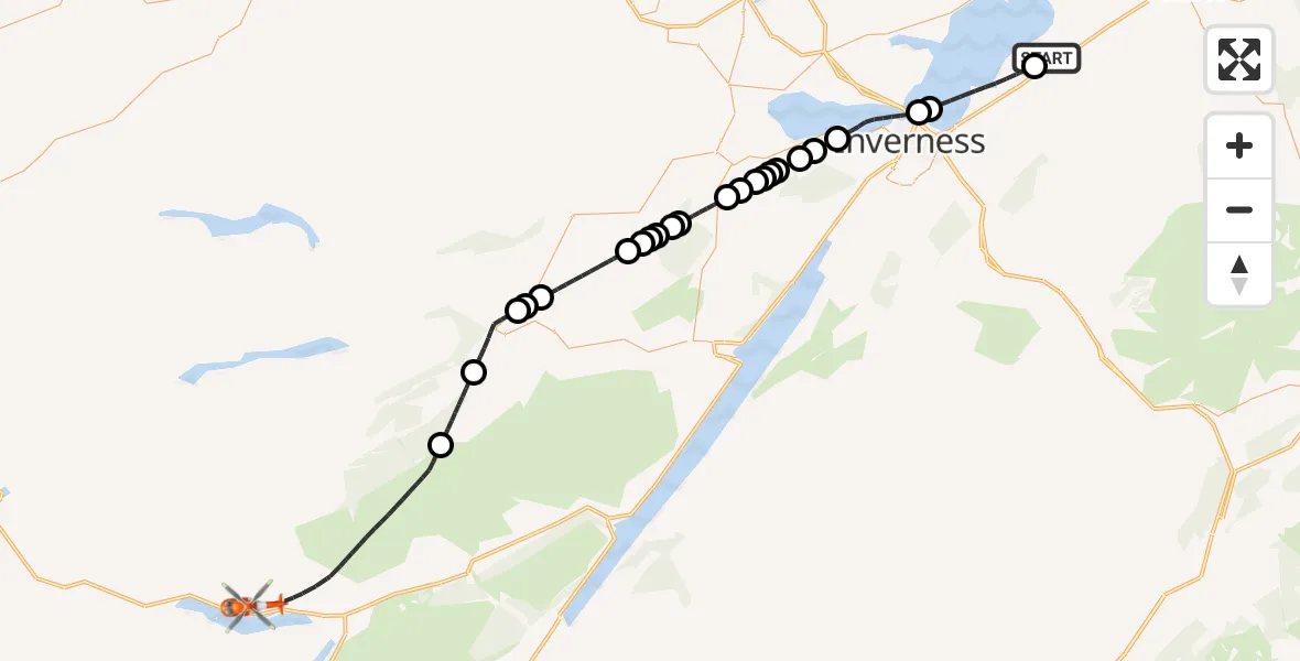 Flight path map showing Coastguard Helicopter route from Inverness Airport to Highland