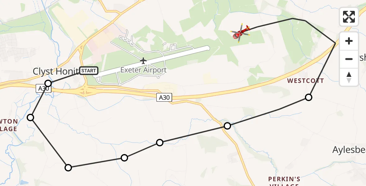 Flight path map showing Air Ambulance Helicopter route from Exeter International Airport to Rockbeare