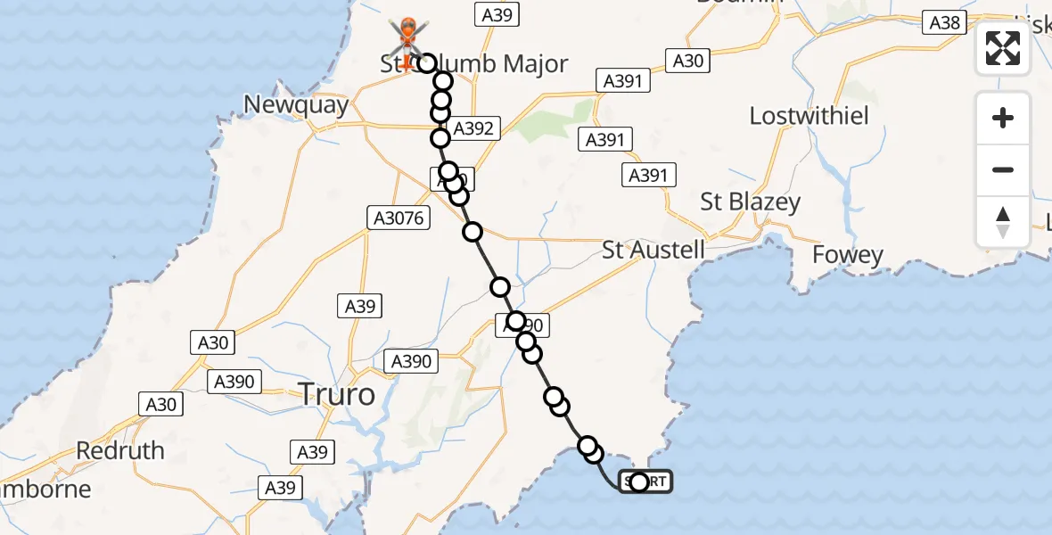 Flight path map showing Coastguard Helicopter route from Gorran Haven to Cornwall Airport Newquay