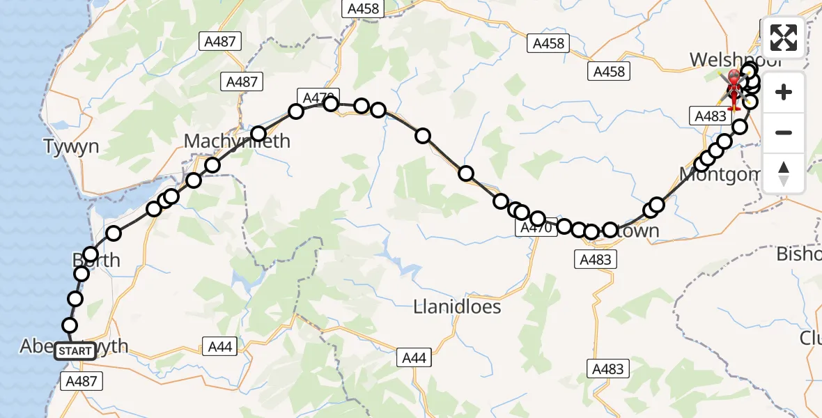 Flight path map showing Air Ambulance Helicopter route from Aberystwyth to Welshpool Airport
