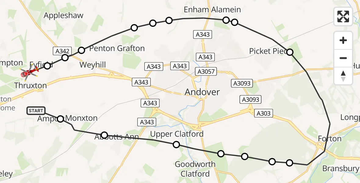Flight path map showing Air Ambulance Helicopter route from Thruxton to Fyfield
