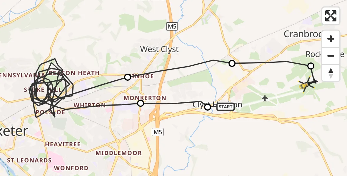 Flight path map showing Police Helicopter route from Exeter International Airport to Rockbeare