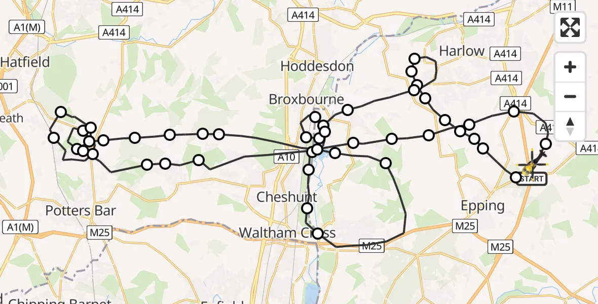 Flight path map showing Police Helicopter route from North Weald Airfield to North Weald Airfield