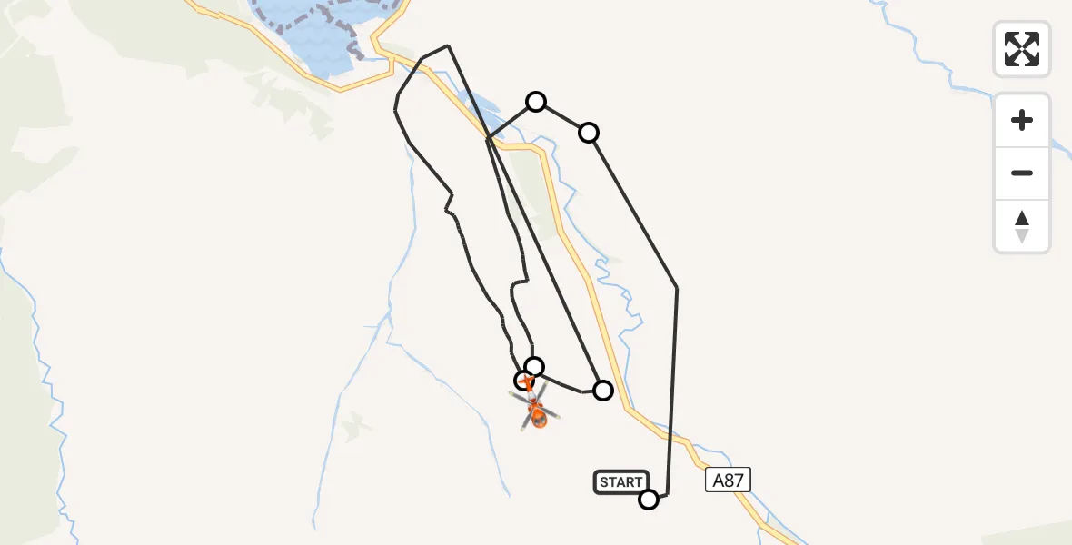 Flight path map showing Coastguard Helicopter route from Achnagart Farm to Torrlaoighseach