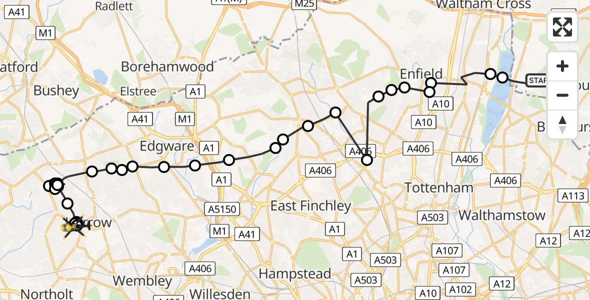 Flight path map showing Police Helicopter route from Sewardstonebury to Sudbury Hill