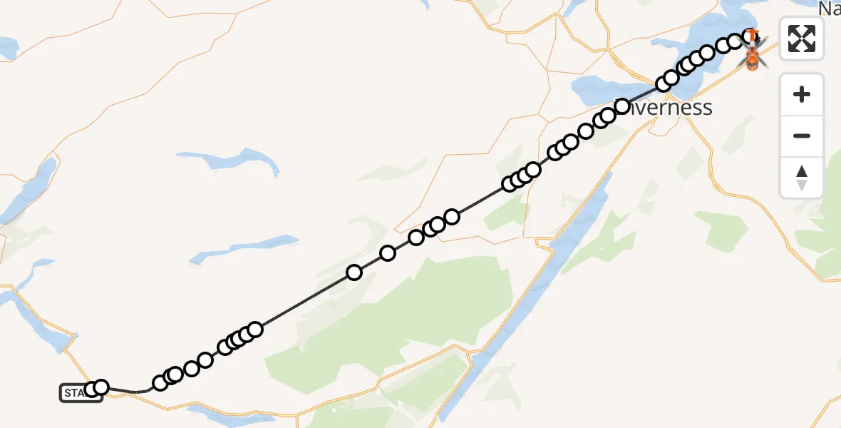 Flight path map showing Coastguard Helicopter route from Achnagart Farm to Inverness Airport