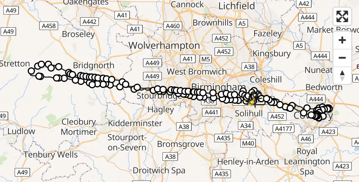 Flight path map showing Police Helicopter route from Birmingham Airport to Birmingham Airport