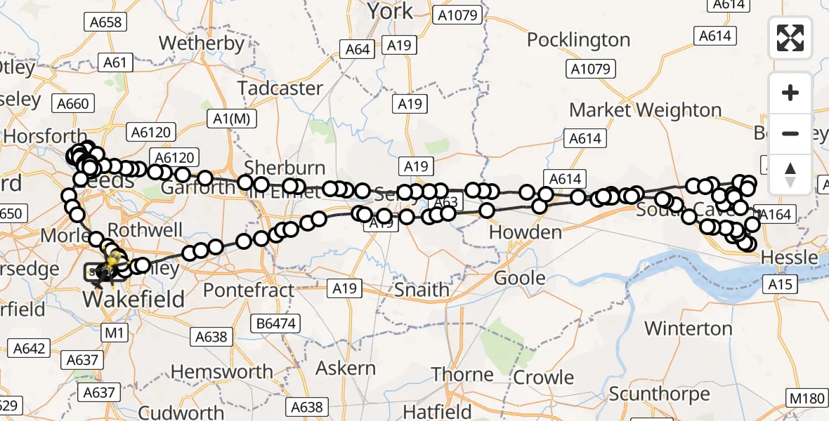 Flight path map showing Police Helicopter route from East Ardsley to East Ardsley