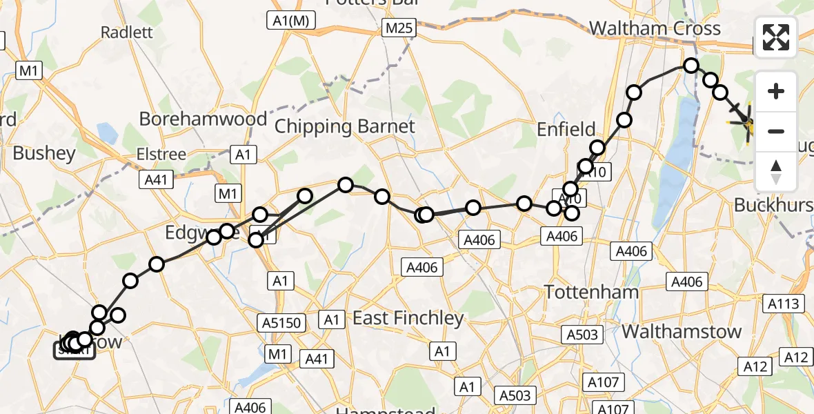 Flight path map showing Police Helicopter route from Harrow to Metropolitan Police Air Support Unit Lippitts Hill