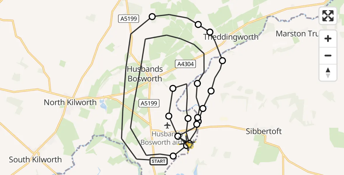 Flight path map showing Police Helicopter route from Husbands Bosworth to Harborough