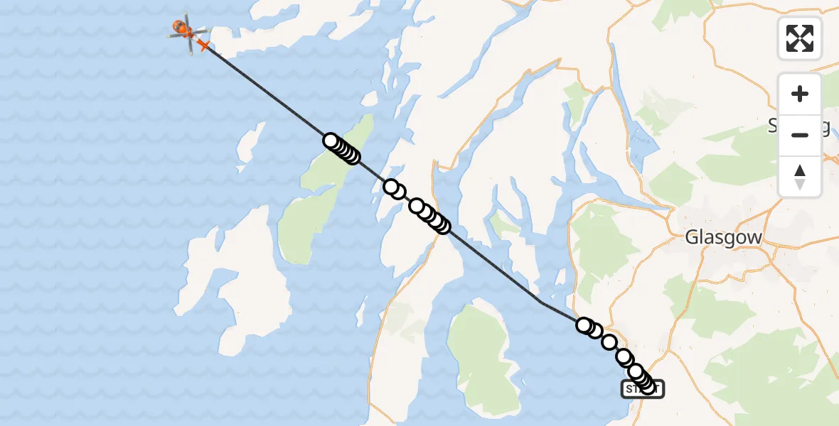 Flight path map showing Coastguard Helicopter route from Glasgow Prestwick Airport to Inner Seas