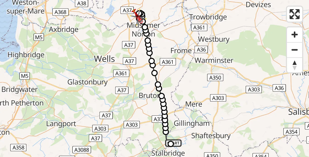 Flight path map showing Air Ambulance Helicopter route from Henstridge Airfield to High Littleton