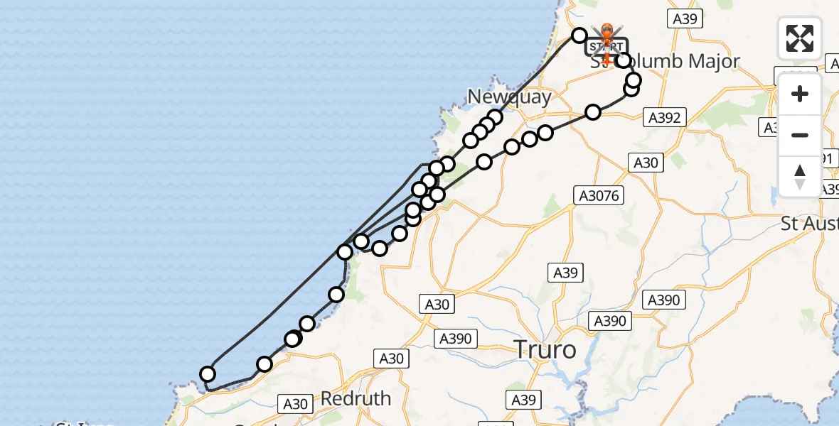Flight path map showing Coastguard Helicopter route from Cornwall Airport Newquay to Cornwall Airport Newquay