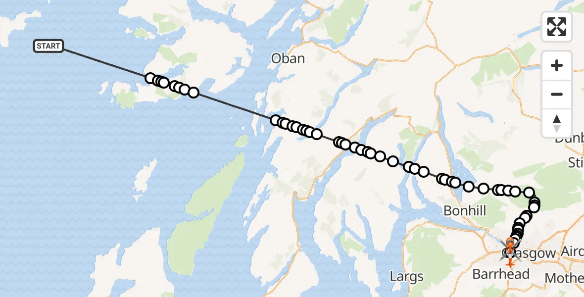 Flight path map showing Coastguard Helicopter route from Inner Seas to Queen Elizabeth Hospital