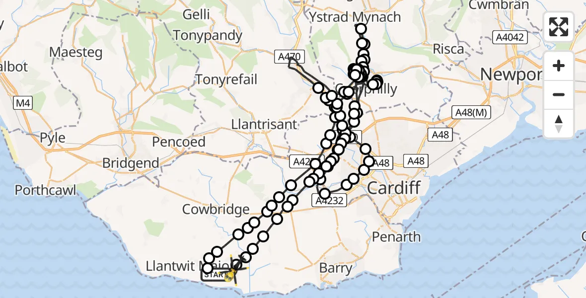 Flight path map showing Police Helicopter route from MOD St Athan to MOD St Athan