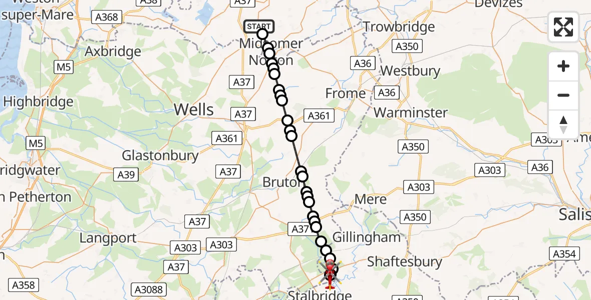 Flight path map showing Air Ambulance Helicopter route from High Littleton to Henstridge Airfield