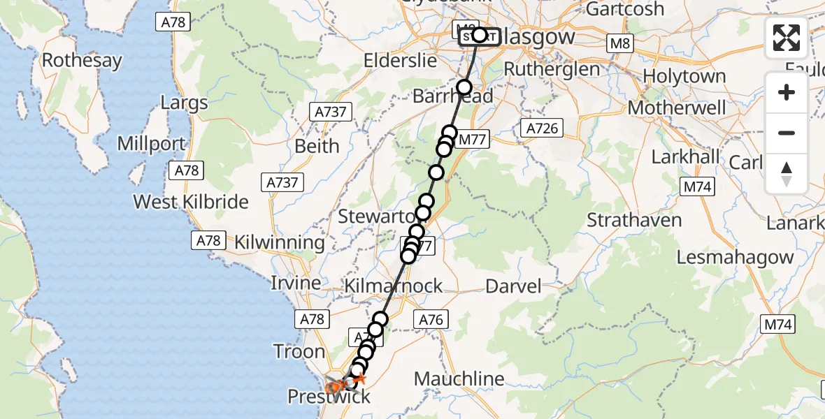 Flight path map showing Coastguard Helicopter route from Queen Elizabeth Hospital to Glasgow Prestwick Airport