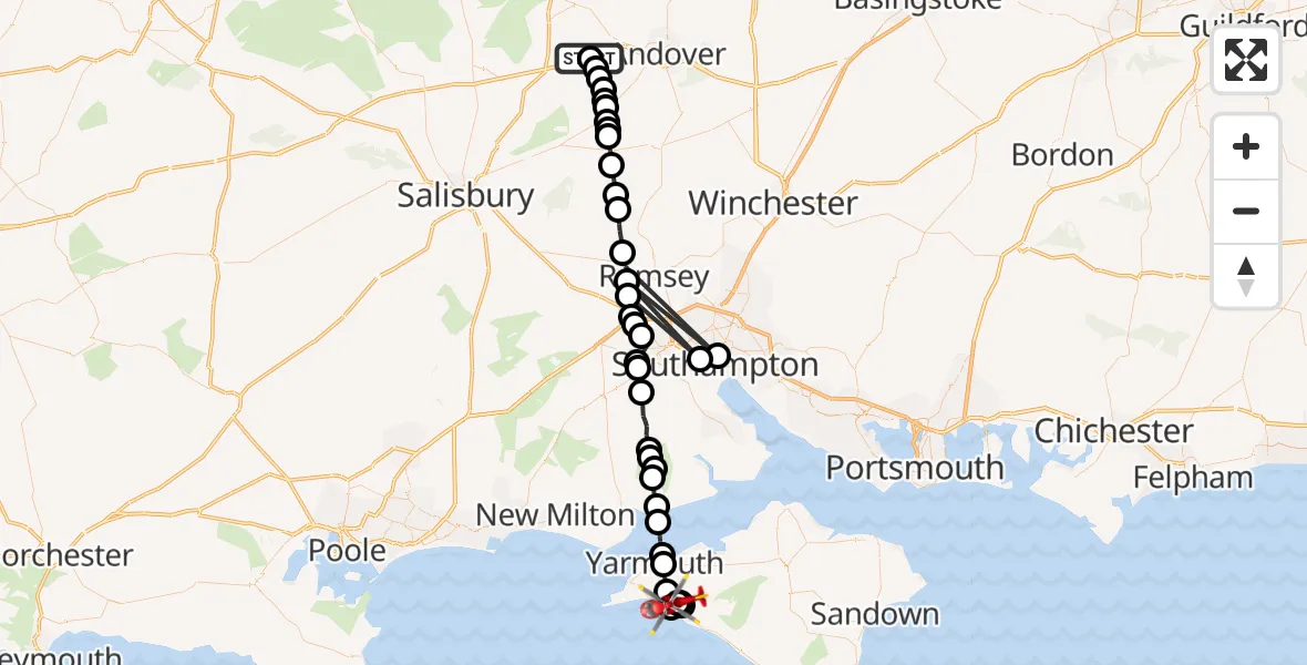 Flight path map showing Air Ambulance Helicopter route from Thruxton Aerodrome to Freshwater