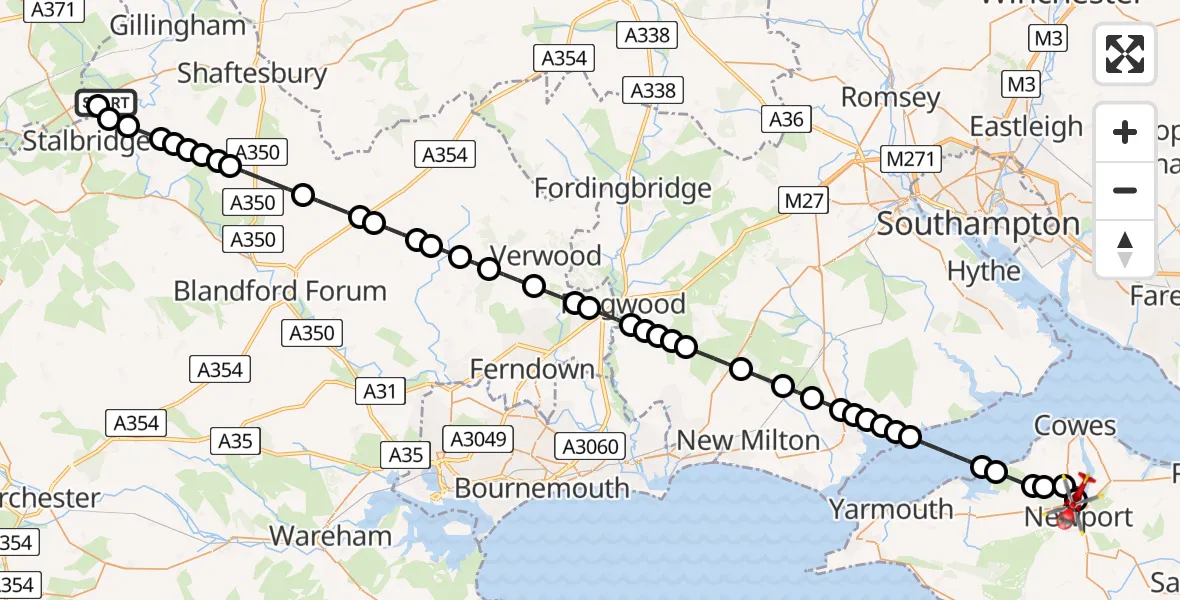 Flight path map showing Air Ambulance Helicopter route from Henstridge Airfield to St Marys Hospital Isle Of Wight