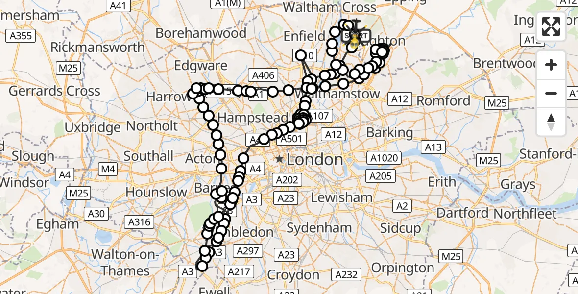 Flight path map showing Police Helicopter route from Metropolitan Police Air Support Unit Lippitts Hill to Sewardstonebury