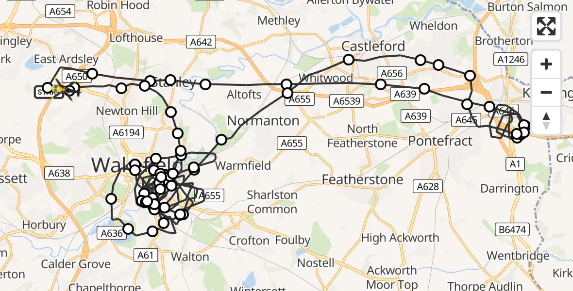 Flight path map showing Police Helicopter route from East Ardsley to East Ardsley