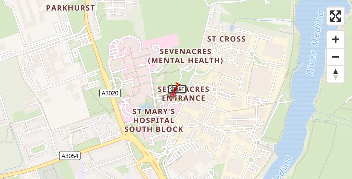 Flight path map showing Air Ambulance Helicopter route from St Marys Hospital Isle Of Wight to St Marys Hospital Isle Of Wight