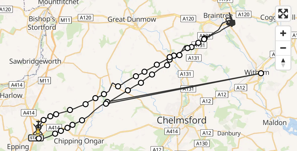 Flight path map showing Police Helicopter route from North Weald Airfield to North Weald Airfield