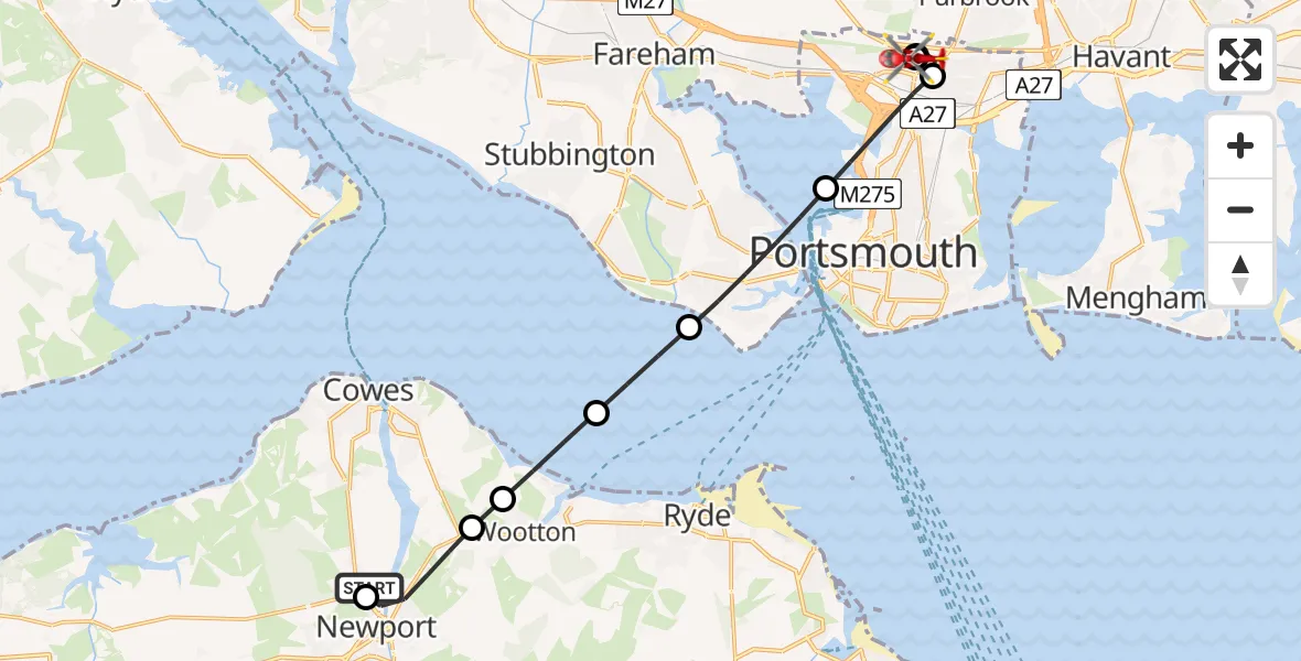 Flight path map showing Air Ambulance Helicopter route from St Marys Hospital Isle Of Wight to Queen Alexandra Hospital
